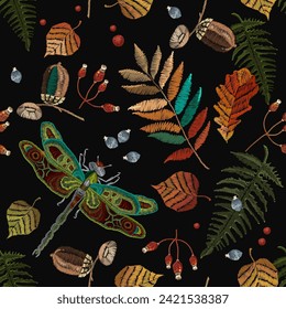 Autumn leaves and colorful dragonflies seamless pattern. Embroidery fall forest art. Fashionable template for design of clothes, t-shirt design