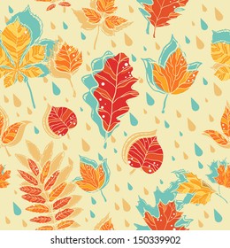 Autumn leaves colorful seamless pattern on rainy background