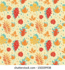 Autumn leaves colorful seamless pattern on rainy background