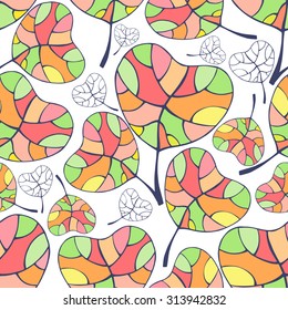Autumn leaves composed of multicolored pieces. Seamless pattern.