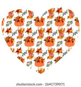Autumn leaves composition in mug and pumpkin Seamless Pattern on Heart shape Background Autumn fond