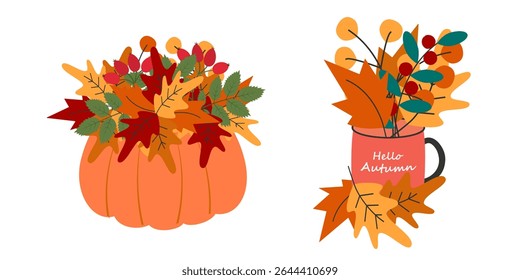 Autumn leaves compositions in pumpkin and in Cup with Hello Autumn Text Autumn design elements Set