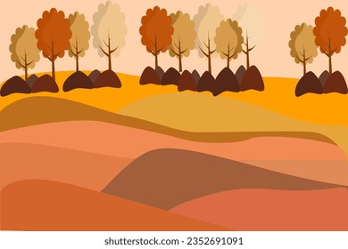 Autumn leaves concept, Image of trees, wide fields, brown tones, Color yellow, gold.