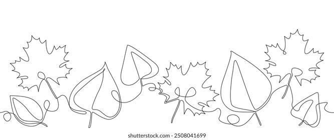 Autumn leaves in continuous line drawing style isolated on white background. Vector element for poster, border, banner, frame, visual seasonal advertising ets. Pattern that repeat horizontally.