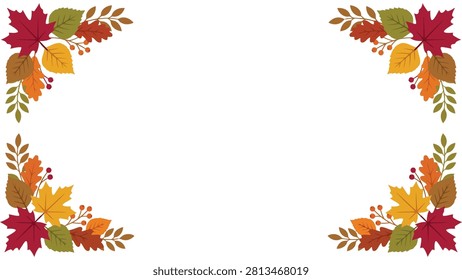 Autumn leaves corner frame border. Fall foliage seasonal background with maple leaves.
