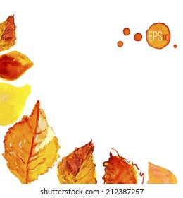 Autumn leaves corner. Watercolor vector drawing design elements.