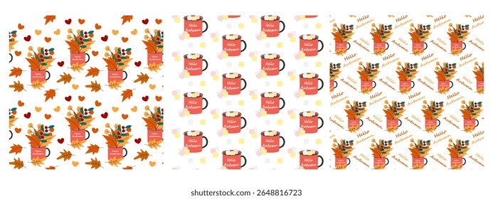 Autumn leaves in cup with Hello Autumn Text and mug with Marshmallows cubes Seamless Pattern Bundle