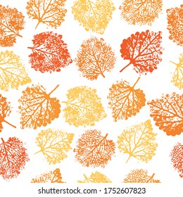 autumn leaves. cute pattern of beautiful prints of leaves painted watercolor by hand. hand drawn boho spring seamless pattern. Orange, red and yellow leaf prints.