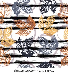 Autumn Leaves. Cute Pattern Of Beautiful Prints Of Leaves Painted Watercolor By Hand. Boho Chic, Mixed Media. Abstract Watercolor And Digital Image. 