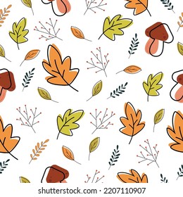 Autumn leaves a cute seamless pattern. Colorful fallen leaves and berries flat illustration. Autumnal wallpaper or textile design
