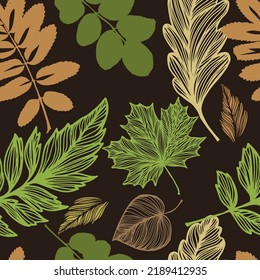 Autumn leaves dark background. Seamless pattern. Vector illustration. Fall foliage background