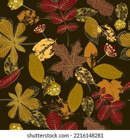 Autumn leaves dark background. Seamless pattern. Vector illustration. Fall foliage background