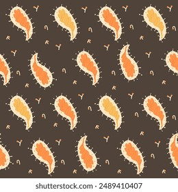 Autumn leaves dark seamless pattern. Fall mood paisley shapes repeat background. Vector hand drawn illustration.