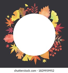 Autumn leaves. Decorative frame. Watercolor painting (circular, Black Background)