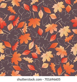  Autumn leaves. Decorative vector pattern with maple and birch leaves and their outlines.
