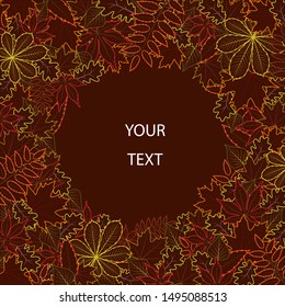 Autumn leaves different colorful contour oak maple grape rowan chestnut leaves with round frame in bright background. Fall banner.