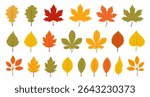 Autumn leaves with different distorted shapes. Workpiece for falling leaves, autumn design. Set, collection. Red, yellow, orange leaves, design elements in flat style.