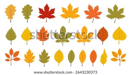 Autumn leaves with different distorted shapes. Workpiece for falling leaves, autumn design. Set, collection. Red, yellow, orange leaves, design elements in flat style.