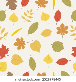 Autumn leaves from different trees on a beige background. Seamless pattern, flat style. Vegetable background for paper, gift wrap, textile, interior decor.