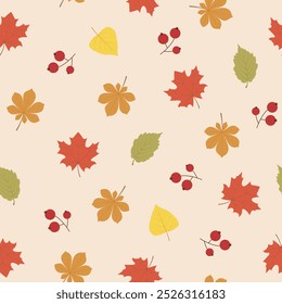 Autumn leaves from different trees and red berries on a beige background. Seamless pattern, flat style. Vegetable background for paper, gift wrap, textile, interior decor.