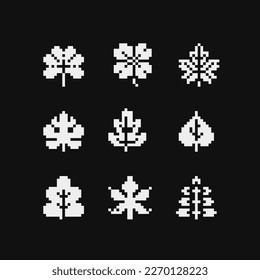 Autumn leaves. Different types leaves of tree pixel art 1-bit style icons set, isolated vector illustration. Game assets. Element design for knitting, logo, stickers, embroidery and mobile app.