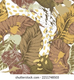 Autumn leaves dirty seamless pattern. Leafy ornamental grunge trendy background. Hand drawn doodle autumn plants abstract ornament. Repeat vector colorful backdrop with splatters. Line art doodle leaf