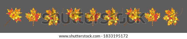 Autumn\
leaves divider. Abstract border with autumnal maple leaf. Line with\
fall colors decoration. Seasonal foliage symbols made of dots.\
Illustration for invitation or ornate frame\
.\
