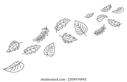 Autumn leaves in doodle style are falling, flying. Falling leaves on the diagonal background. Black outline leaves on a white background. Fall nature