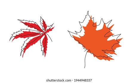 Autumn leaves drawn by hand in one line isolated on white background