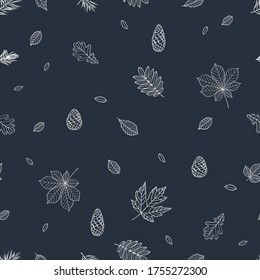 Autumn leaves are drawn with chalk on the black chalkboard. Fall of the leaves. Seamless pattern for textile, wallpapers, gift wrap and scrapbook. Vector illustration.