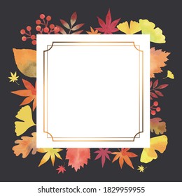 Autumn Leaves. Elegant Decorative Frame. Watercolor (square, vintage decoration, black background)