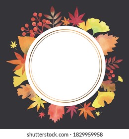 Autumn Leaves. Elegant Decorative Frame. Watercolor (circle, vintage decoration, black background)