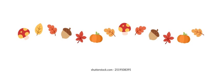 Autumn leaves and elements separator border for Fall and Thanksgiving season. Vector isolated on white background.