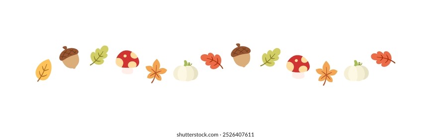 Autumn leaves and elements separator border for Fall and Thanksgiving season. Vector isolated on white background.