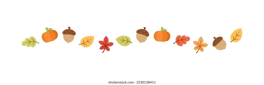 Frontera de separador de hojas y Elementos de otoño para la temporada de otoño y Acción de Gracias. Vector aislado sobre fondo blanco.