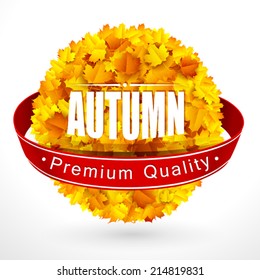 Autumn leaves emblem with a red ribbon. Vector illustration