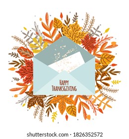 Autumn leaves and envelope. Happy Thanksgiving day. Vector illustration isolated on white background. Postcard, invitation, flyer, banner, poster templates, icon.