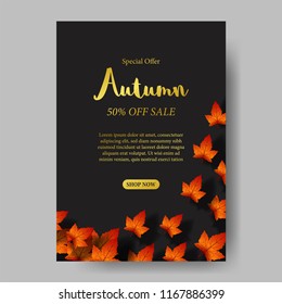 autumn leaves fall with black background and golden text. sale offer template. poster template. banner template. vector illustration