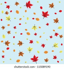 Autumn leaves fall, blue sky, seamless background