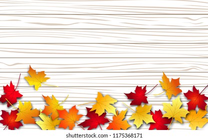 Autumn leaves. Fall colorful maple leaves on wood texture background. Flying foliage. Vector illustration 