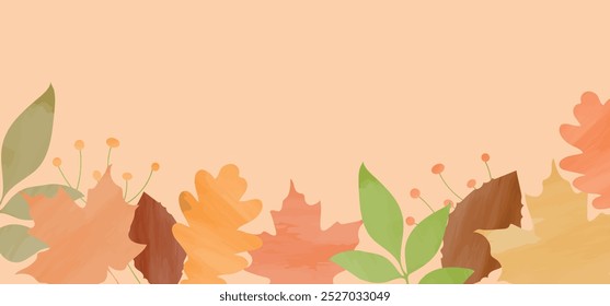 Autumn leaves, fall, decoration on background. Forest foliage, botanical natural elements, leaf, seasonal decor on banner. Flat watercolor vector illustration