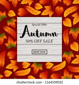 Autumn leaves fall frame with wood and red background. sale offer template. poster discount template. vector illustration.