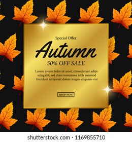 Autumn leaves fall with gold metal and autumn pattern background. Sale offer banner template for promotion or advertising. vector illustration