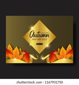 autumn leaves fall with gold ribbon and metal emblem golden. poster sale template. banner template. vector illustration