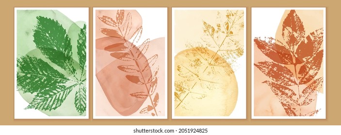 Autumn leaves. Fall herbarium collage art with watercolor spots, backgrounds and foliage. Warm natural colors and textures. Wall poster, print, decoration.