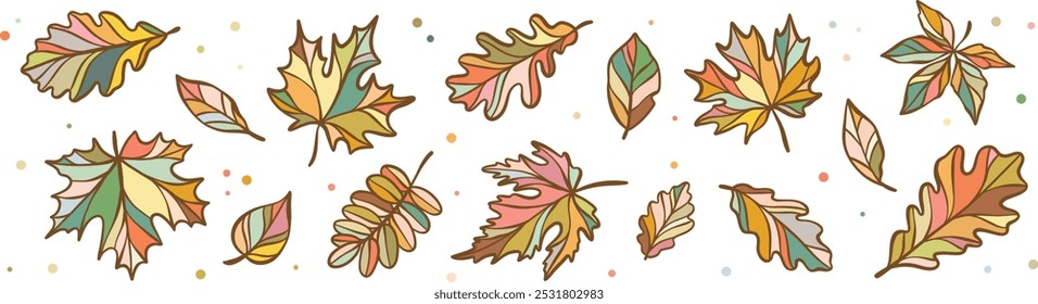 Autumn leaves, fall leaf banner or border clip art set, hand drawn colorful decorative vector illustrations, isolated