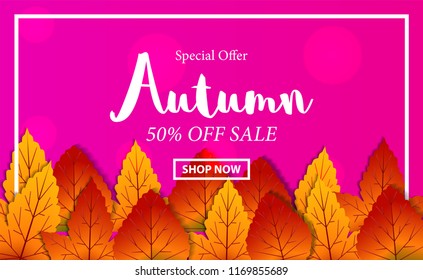 Autumn leaves fall with purple background. Sale offer banner template for promotion or advertising. vector illustration