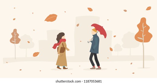 Autumn Leaves Fall Romantic Date Meeting in a Park. Woman in a Coat and Scarf. Man in Yellow Hat with Umbrella. Hipster Love Concept. Flat Colorful Characters Walking. Orange Trees.