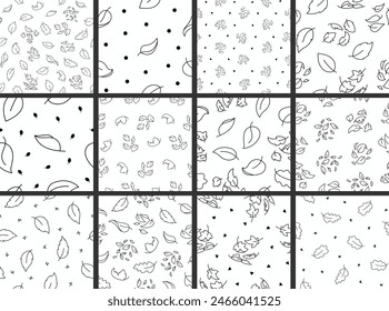 Autumn leaves fall. Seamless pattern. Coloring Page. Nature plant. Hand drawn style. Vector drawing. Collection of design ornaments.
