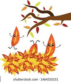 autumn leaves fallen from tree to ground cartoon characters on a white background bright colors of the golden season